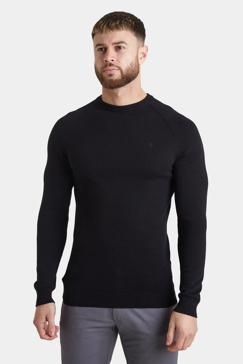 Cotton Crew Neck Jumper in Black - Image 5