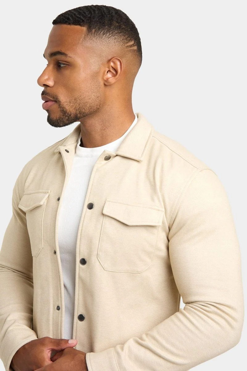 Herringbone Jersey Overshirt in Stone - Image 3