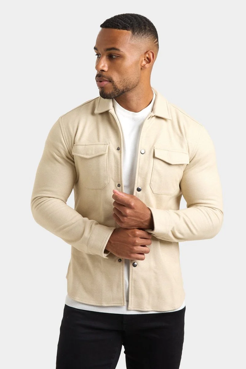 Herringbone Jersey Overshirt in Stone - Image 4