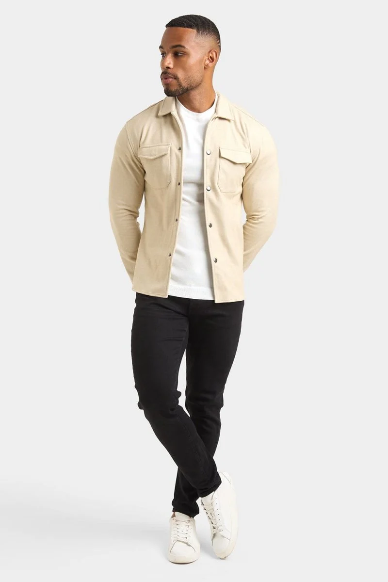 Herringbone Jersey Overshirt in Stone - Image 5