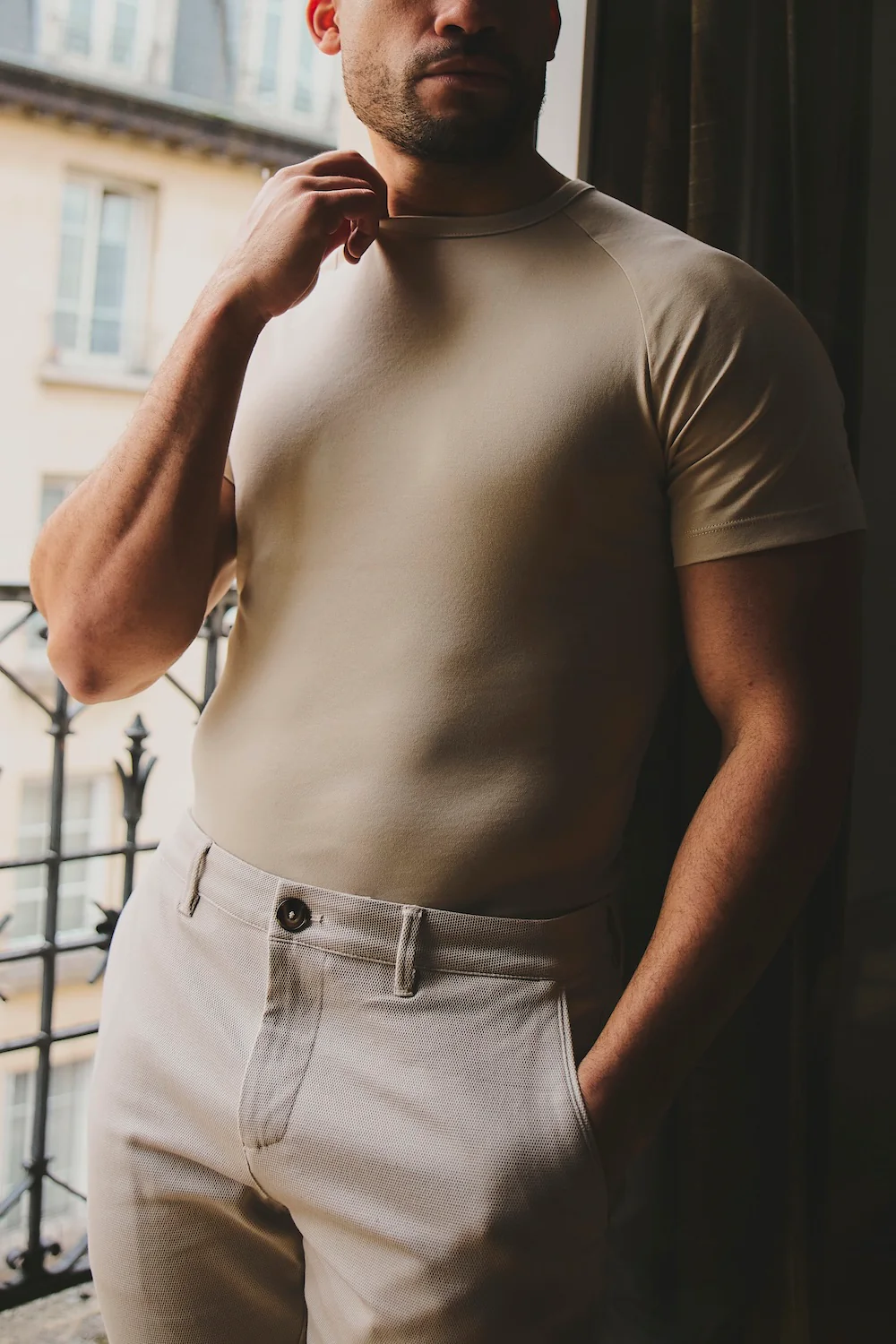 Mercerised Cotton T-Shirt in Stone - Image 3